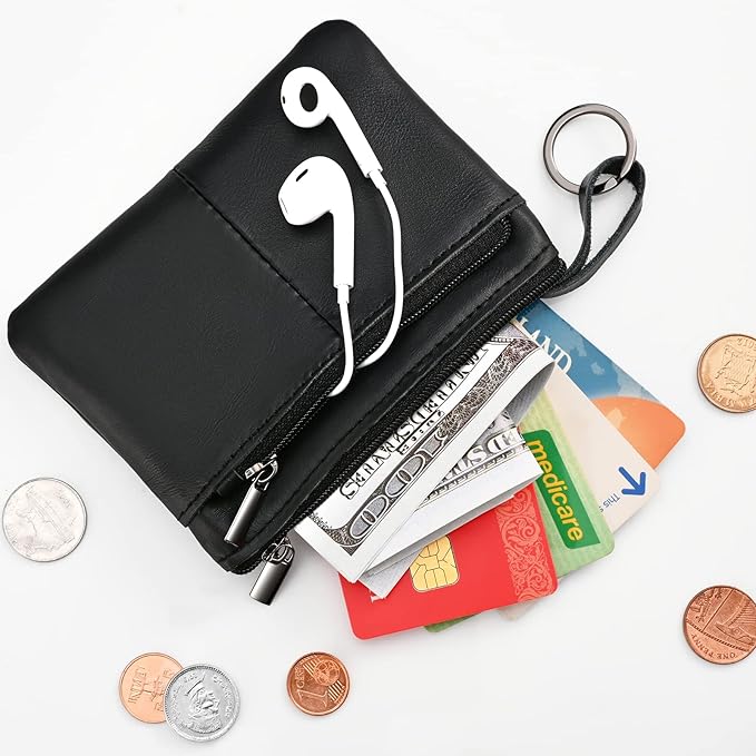 Black Genuine Leather Multi-Functional Wallet - Compact Card Holder, Coin Purse & Key Organizer with 3 Zippers, Built-in Key Ring, Perfect for Travel, Work & Daily Use