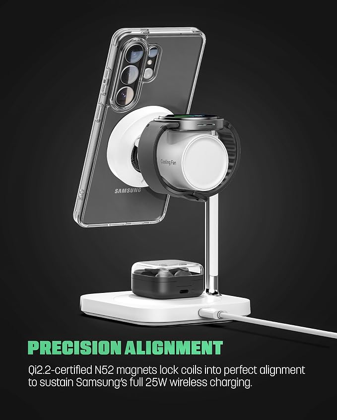 Galvanox Qi2.2 25W Magnetic Wireless Charging Stand for Samsung - 3 in 1 Charger Station (Phone, Galaxy Watch and Earbuds) with Super Fast (45W) Wall Adapter (Compatible with MagSafe)