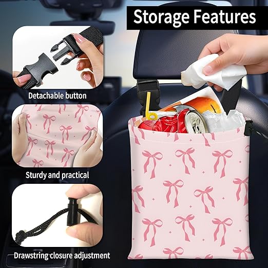 Car Trash Bag Large Hanging Can for Back of Seat, Cute Waterproof Car Garbage Bag for Vehicle, Travelling, Outdoor Cute Pink Bow