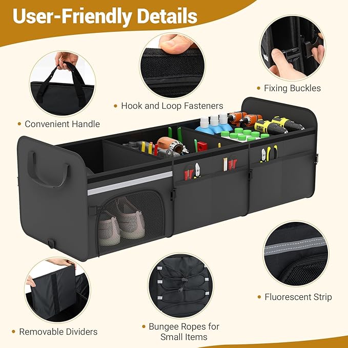 18 Gal Car Trunk Organizer with Lid, 3-Compartment Portable Storage Box with Leakproof Cooler Bag, Shoe Storage, Dividers & Adjustable Securing Straps, Collapsible Trunk Organizer for SUV,