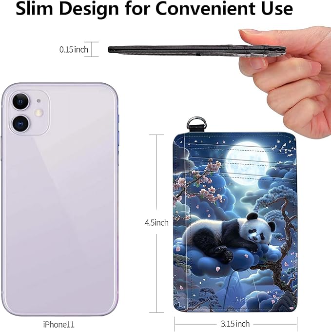 Slim RFID Blocking Card Holder Wallet with Wrist Strap - Minimalist Front Pocket Wallet, Panda Sleeps Design, PU Leathe, for Men & Women, Ideal for Travel & Gifts