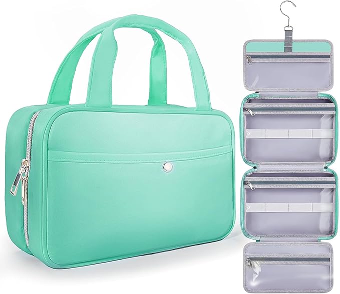 Travel Hanging Toiletry Bag for Women - Waterproof Cosmetic Organizer with Clear Window, Lightweight Bathroom Bags for Essentials, Makeup, Shampoo, Toiletries Green, Medium