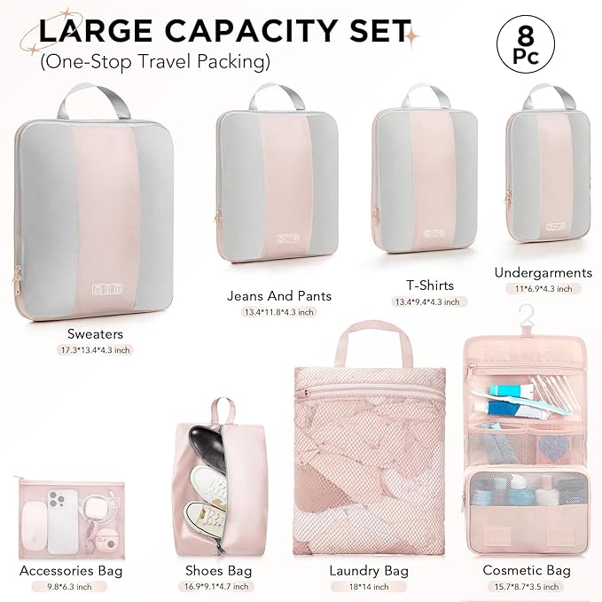 8 Set Compression Bags for Travel Essentials,OlarHike Clothes Organizer Bags for Closet,Compressible Expandable Bags for Suitcase,Handy Helper for Organizing Clothes(Cream)