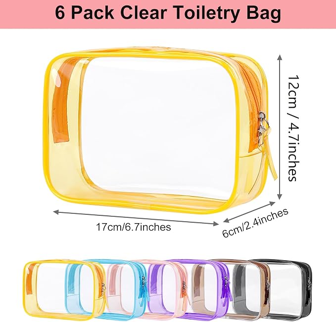 PLULON 6 Pack Clear Toiletry Bags, TSA Approved Clear Makeup Bag Quart Size Travel Bag Pouches Portable Cosmetic Bag for Traveling Men Women - Mixed Color