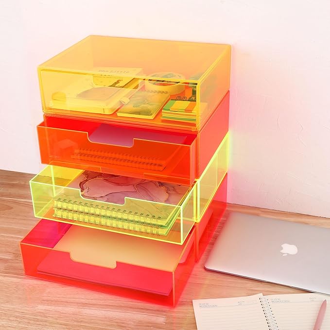 Gelite Acrylic Desk Organizer with Drawer for Makeup Vanity Stackable Desktop Storage Box for Office Supplies, 13.8 x 9.8 x 3.9’’, Neon Yellow