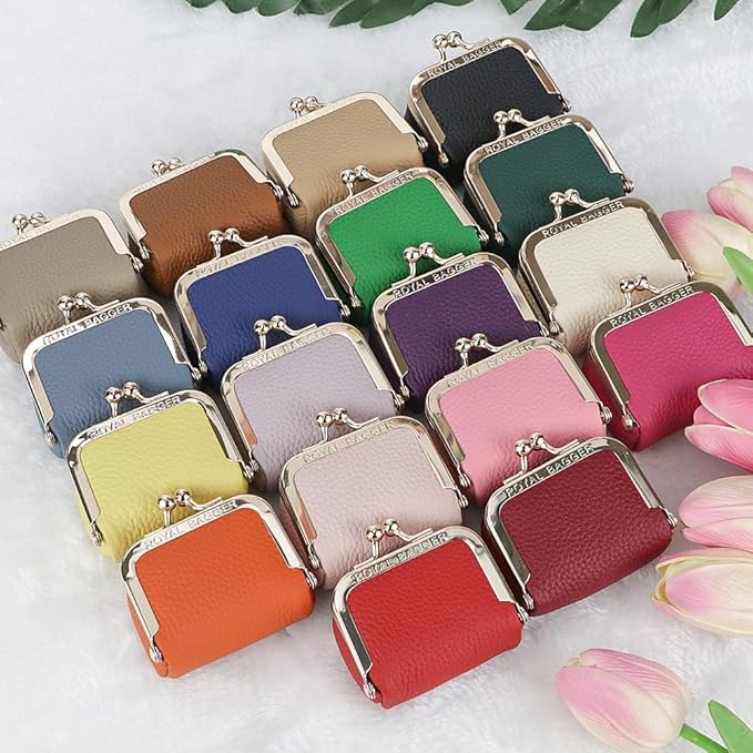 Royal Bagger Genuine Cow Leather Mini Jewelry Box Women's Coin Purse Solid Color Kiss Lock Change Pouch Casual Style Small Storage Bag for Women 1894 (Orange)
