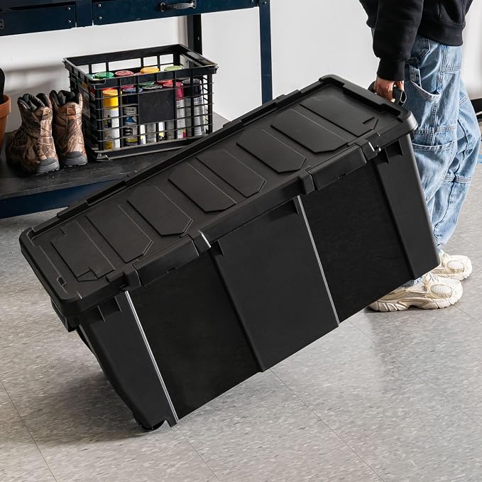 IRIS USA 32 Gallon Heavy Duty Rolling Storage Bin with Lid, 2 Pack Extra Large Stackable Industrial Tote, Lockable Container with Wheels and Secure Latches for Garage, Basement, Camping, Tools, Truck