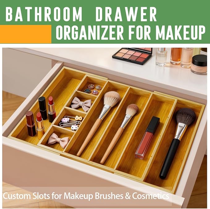 Bamboo Expandable Drawer Organizer with Removable Dividers, 15"-22" Adjustable Tray for Kitchen Utensils, Makeup & Office Storage