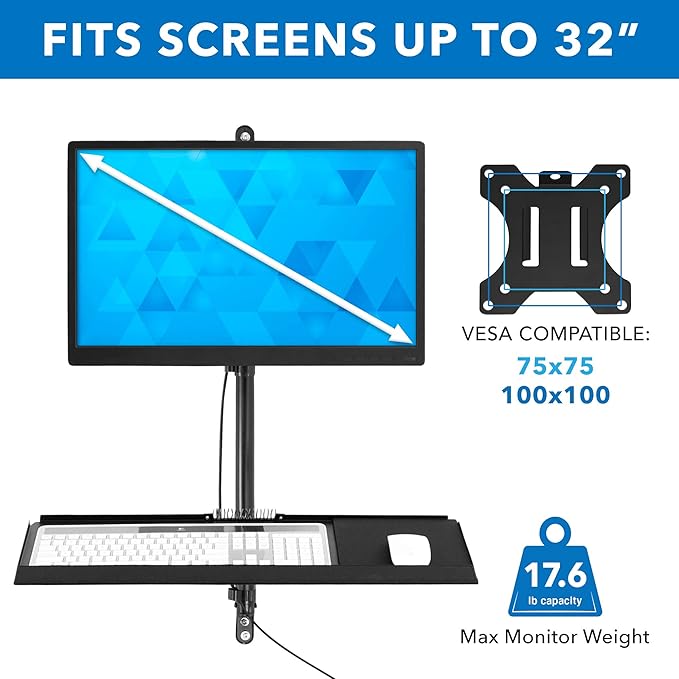Mount-It! Single Monitor Arm Wall Mount Workstation with Keyboard Tray & CPU Holder, Height Adjustable Gas Spring Full Motion Computer Station, Fits 17??2??VESA 75x75 100x100, Black