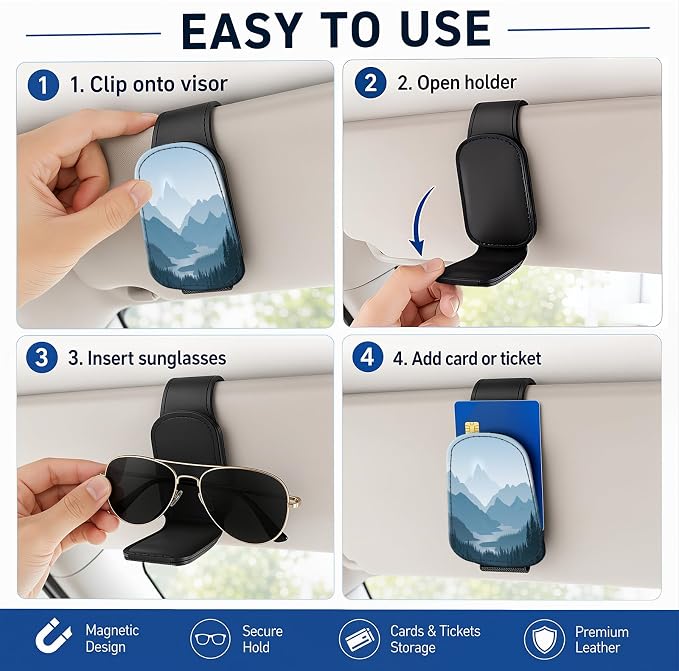 Leather Magnetic Sunglass Holder for Car Sun Visor, Cute Eyeglass Ticket Card Hanger Clip, Universal Auto Interior Accessories for SUV Pickup Truck, Blue Mountain