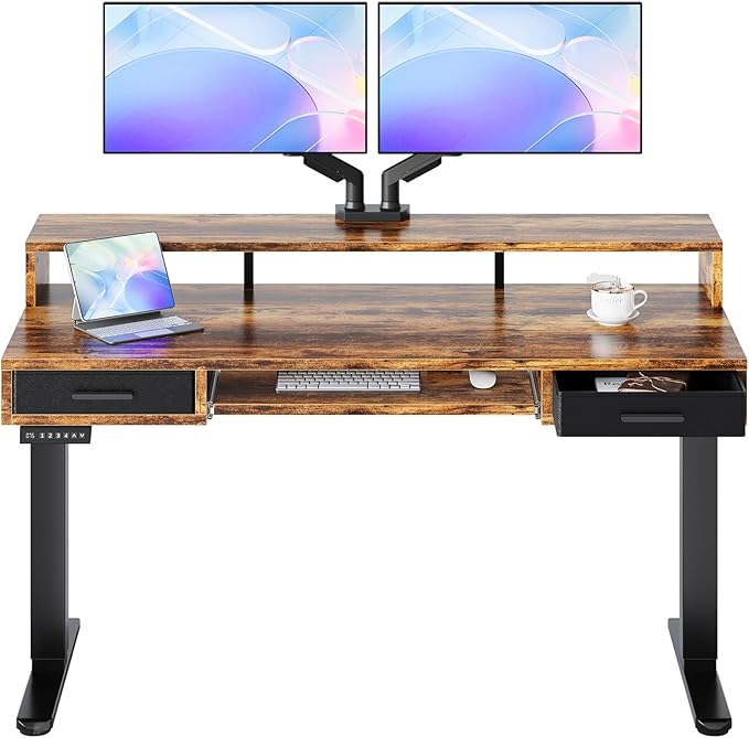 HUANUO 55″ x 26″ Electric Standing Desk with 2 Drawers &24.4″ Large Keyboard Tray, C-Clamp Mount Compatible, Adjustable Computer Desk for Office, Sit Stand Up Desk with 4 Height Presets, Vintage Brown