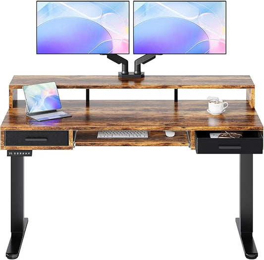 HUANUO 55″ x 26″ Electric Standing Desk with 2 Drawers &24.4″ Large Keyboard Tray, C-Clamp Mount Compatible, Adjustable Computer Desk for Office, Sit Stand Up Desk with 4 Height Presets, Vintage Brown
