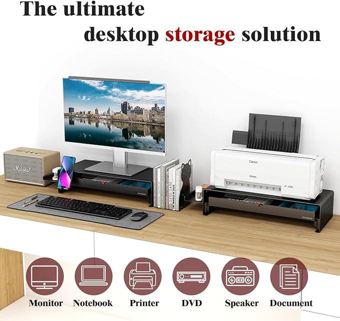 Heavy Duty Metal Monitor Stand, Strong Support Desk Organizer with Storage Shelf, Ergonomic Riser for Computer, Laptop & Printer, Space-Saving Desktop Organizer for Office Home