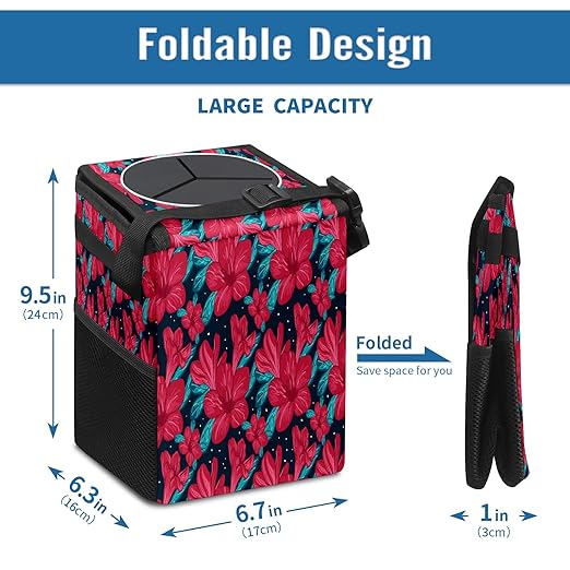 Car Trash Can With Lid - Red Flower Auto Garbage Bag, Leak-Proof Storage Bag, Hanging Headrest Bin, Collapsible and Portable With Storage Mesh Pocket