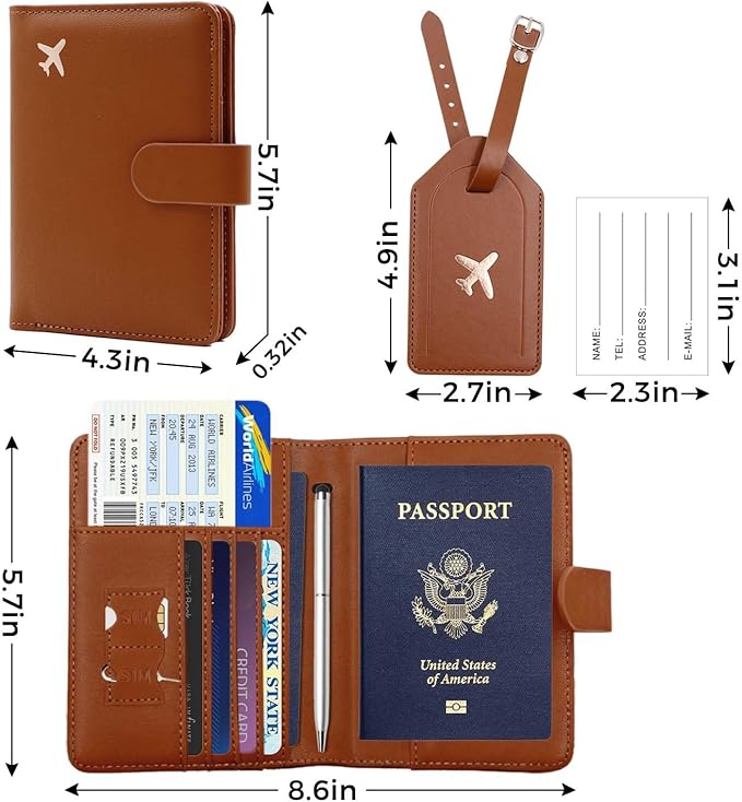 Melsbrinna Rfid Passport Holder for Travel women/Men Set Travel Suitcase Tag, Cute Passport Wallet Rfid Blocking Card Slots, Rfid Passport Cover/CaseTravel Wallet (new brown)