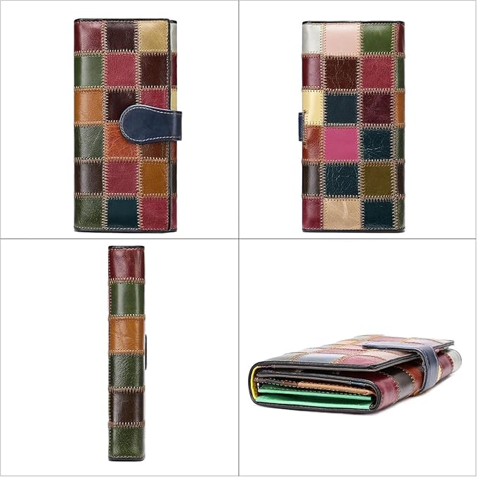 MASIWEI Genuine Leather Patchwork Wallet for Women Multicolor Trifold Wallets Ladies Card Holder Money Organizer with Coin Purse