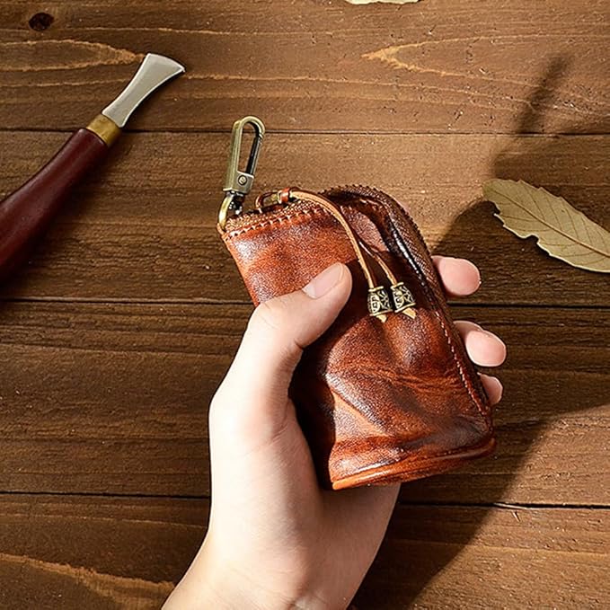 1 Pcs Leather Mini Medieval Pouch Keychain, Coin Organizer, Change Holder,Card Case, Genuine Leather Zipper Storage Bag for Men & Women