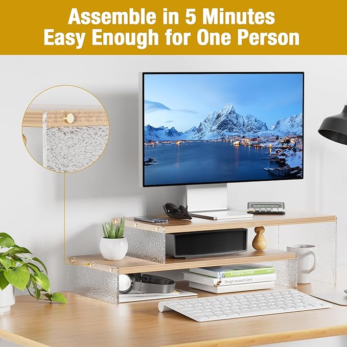 Adjustable Monitor Stand Riser with Acrylic Legs丨9.4" Wide Dual Monitor Stand for Desk丨2-Tier Wood Desktop Organizer for Computer, Laptop, Printer & PC丨Modern Aesthetic Desk Shelf(wood-glacial striae)