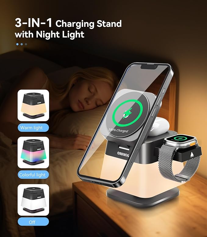 4 in 1 Wireless Charging Station,Charger Stand with Night Light for iPhone17/16/15/14/13/12,Airpods,Watch(20W Adapter),Magnetic Charging Station for Apple