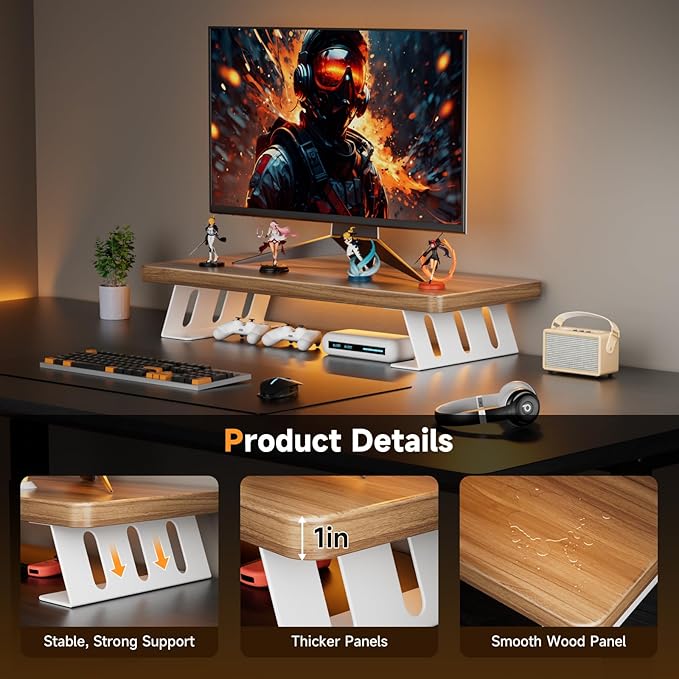 Monitor Stand - 24 Inch Wood Monitor Stand Riser, 220 Pounds Load Capacity Desk Monitor Riser for Laptop/PC/Printer, Desktop Stands Organizer for Home Office