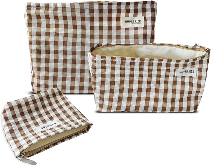 HAPPYHEIDI Nylon Checkered Makeup Bag Set 3 with Pocket Cosmetic Toiletry Travel Pouch, Small Accessory Organizer Bag, 3-Size, Brown, Large Medium Small, Lined, Lightweght