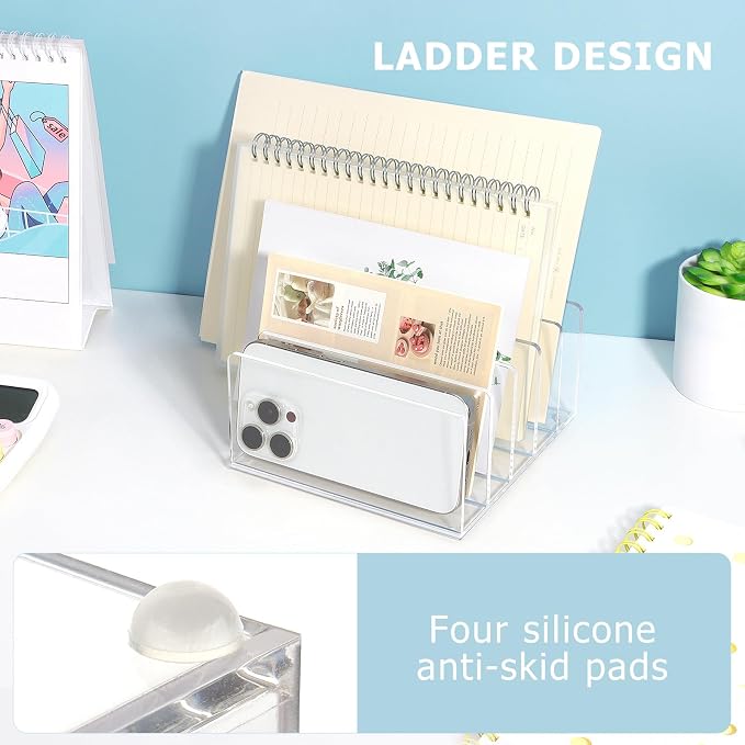 Acrylic File Organizer for Desk, 5 Sections Mail Sorter Organizer Holder, Acrylic Desk Organizer for Document, Letter, Notebook