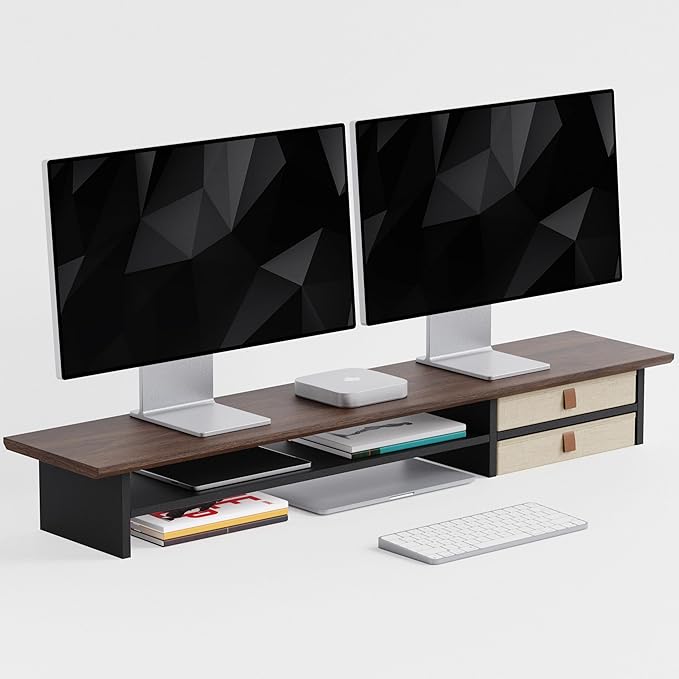 FENSULN Dual?‘Tier Monitor Stand Riser with Drawers, Desktop Organizer Shelf Storage for Computer Screen 2 Monitors, Supports for PC Computer Monitor, Printer, Heavy TV Riser Brown and Black