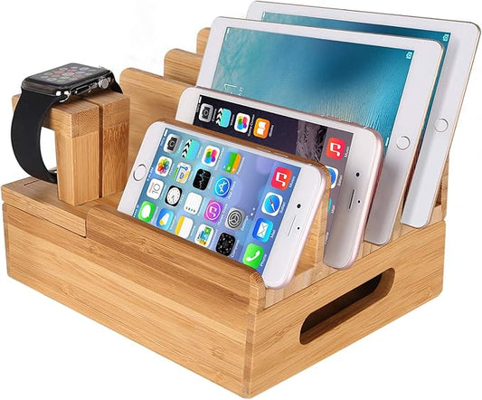 Bamboo Wood Multi-Device Desktop Charging Dock Station Charger Holder Cradle Charge Stand Compatible iPhone 16 15 14 13 Pro Max iPad Mini Pro Air Apple Watch Ulrta 10 9 8 7 6 5 4 3 2 iWatch Smartphone