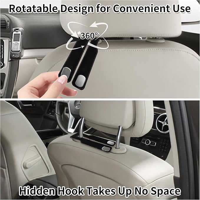 vidonio 2 Pack Double Car Seat Hooks for Headrest, Rotatable Purse Holder for Car, Premium Leather Car Hooks for Purses and Bags, Headrest Hooks and Storage Accessories (Black