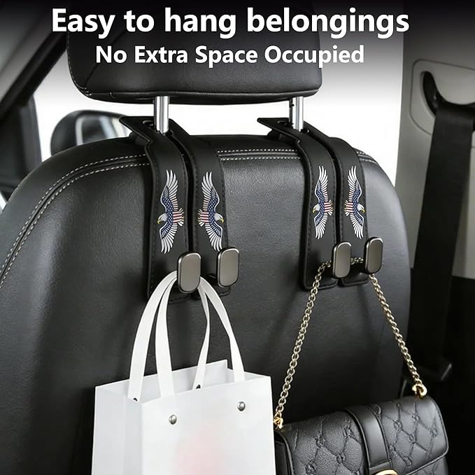 Car Seat Headrest Hooks, Leather Car Bag Purse Holder with Double Metal Hooks for Handbags, Double Hook Car Seat Hooks for Hanger Purses and Bags