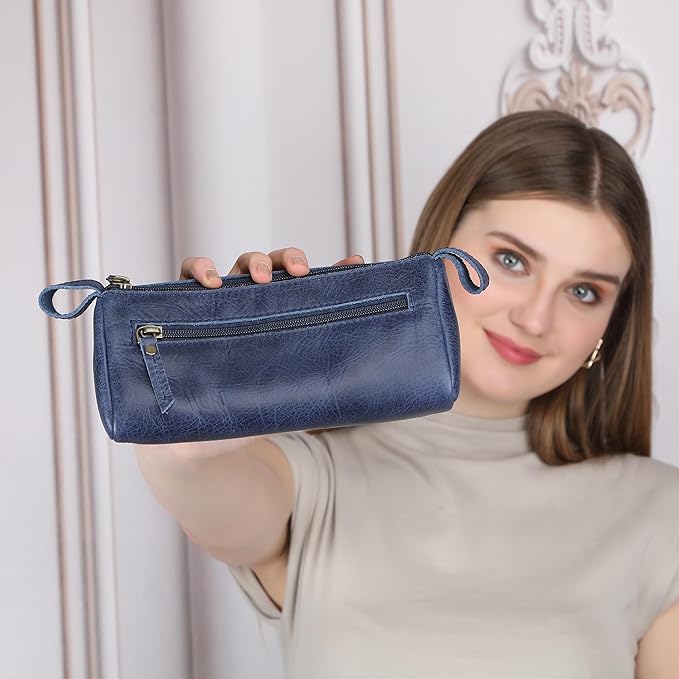 Leather Makeup Bag for Women – Genuine Leather Cosmetic Bag Travel, Handmade Zippered Makeup Pouch, Small Toiletry Bag, Shaving Kit & Stationery Organizer- Blue