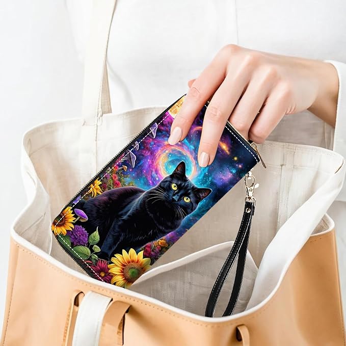 Black Cat Print Women Large Capacity PU Leather Zip Around Wallet, Multifunctional Clutch Purse for Cash/Card/Coin/Smart Phone