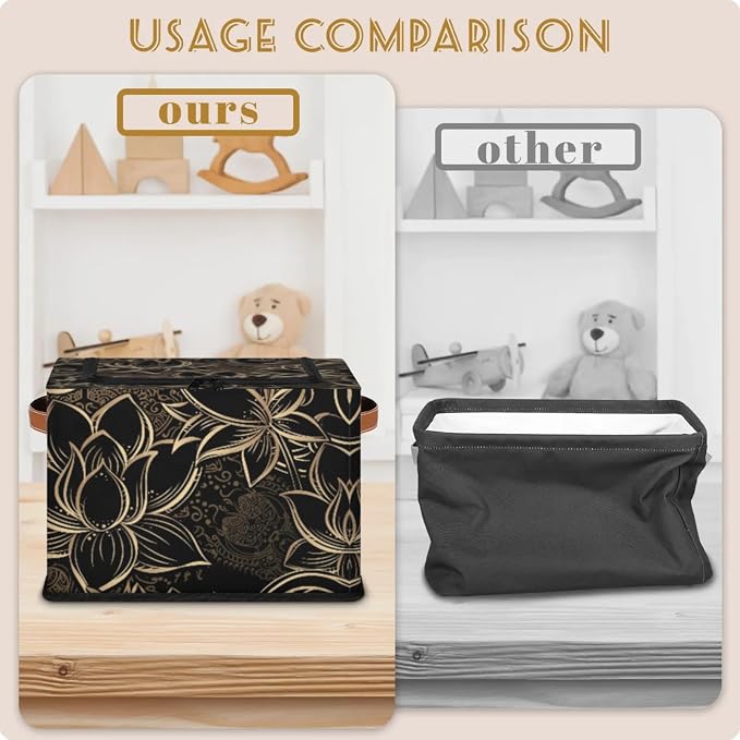 Storage Bins With Zipper Lid, Collapsible Trunk Organizer, Car Organizers and Storage Bins with Lids, Decorative Storage Boxes with Handle, Home Storage Baskets For Organizing (Golden Lotus)