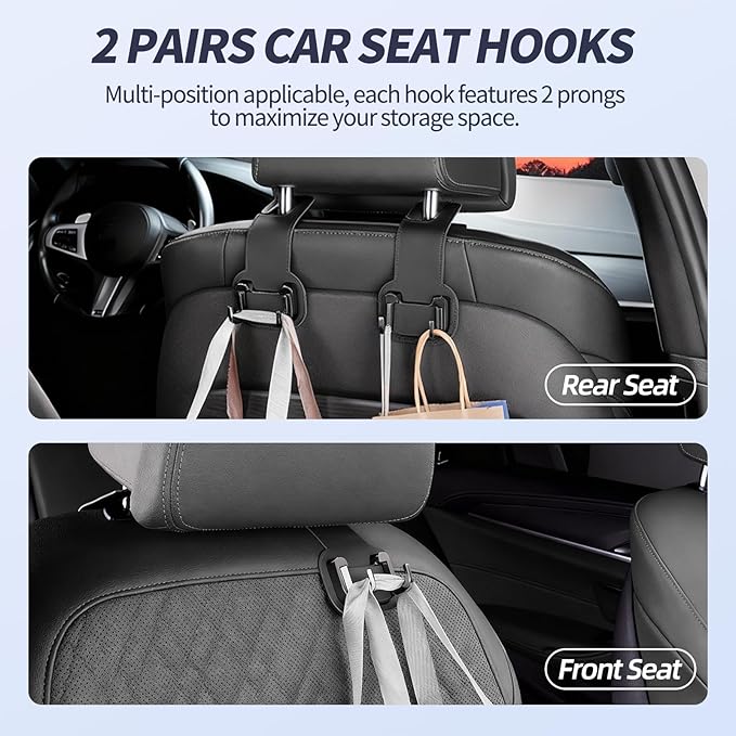 2 Packs Headrest Hooks for Car, Hidden Twinhook Leather & Metal Car Purse Holders, Universal Seat Back Storage Organizer Hanger for Purse Bag Handbags Phones, 2026 Car Seat Accessories (Black)
