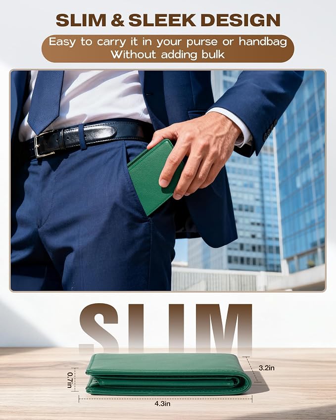 GNDR Wallet For Men Bifold Green RFID Blocking Slim Faux Leather Wallets Card Holder Front Pocket Minimalist Men Accessories With Gift Box