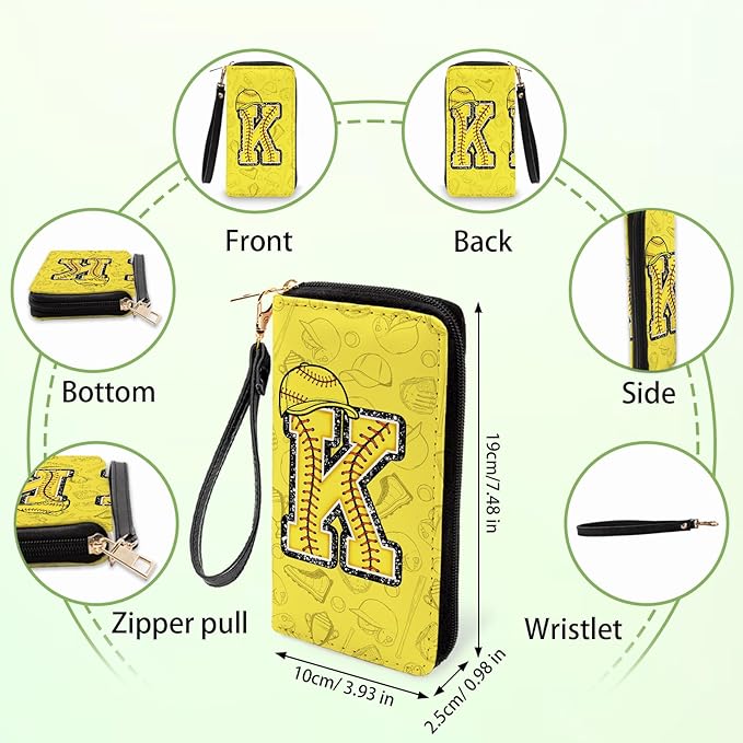 Softball Lovers Gift Womens Wallet - Small Slim PU Leather Letter K Wallet for Women with Zipper Purse, Credit Card Holder Wallets, Wristlet Wallets for Girls Women Player Coach (Letter K Gifts)