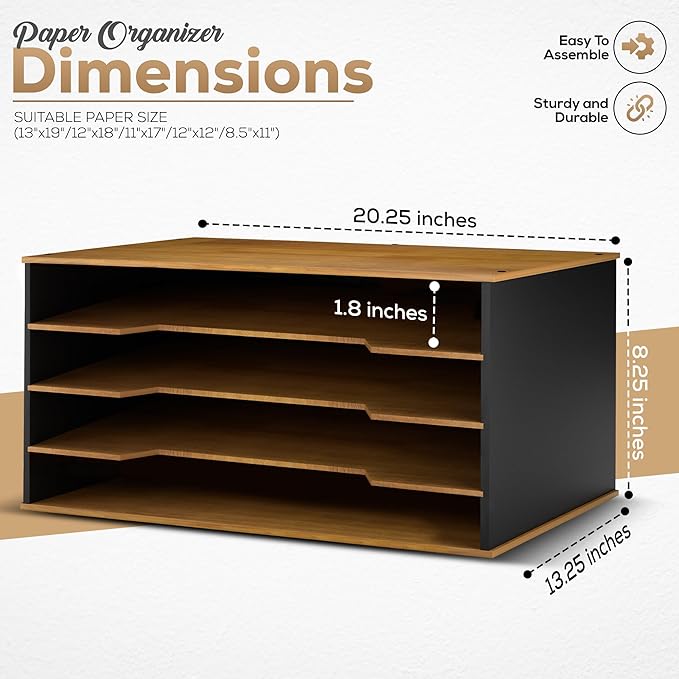 12x18 Construction Paper Organizer, 4-Tier Wooden Flat File for 11x17, A3 & Tabloid Sheets | Durable wood Desk Paper Storage for Classroom, Office & Art Studio