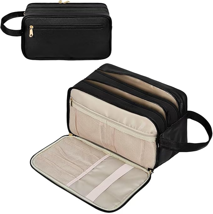 Grekos Waterproof Hanging Toiletry Bag | Large Capacity PU Leather Travel Organizer with Wet/Dry Compartments | Foldable Storage Bags Cosmetic & Shaving Kit for Women Men (Black)