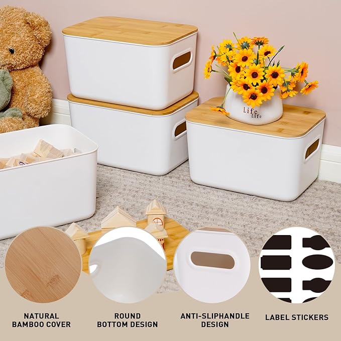 Citylife Storage Bins with Bamboo Lids 7QT Plastic Storage Containers Stackable Organizer Boxes with Handle for Desk Snacks, Toys, 2 PCS, 10" L x 7" W x 5.8" H