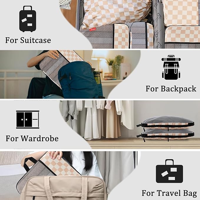 U+U 4 Set Compression Packing Cubes - Ultralight Travel Organizers, Space-Saving Suitcase Organizer, Expandable Packing Cubes for Travel, Business Trip and Family Vacation (Khaki Checkered)