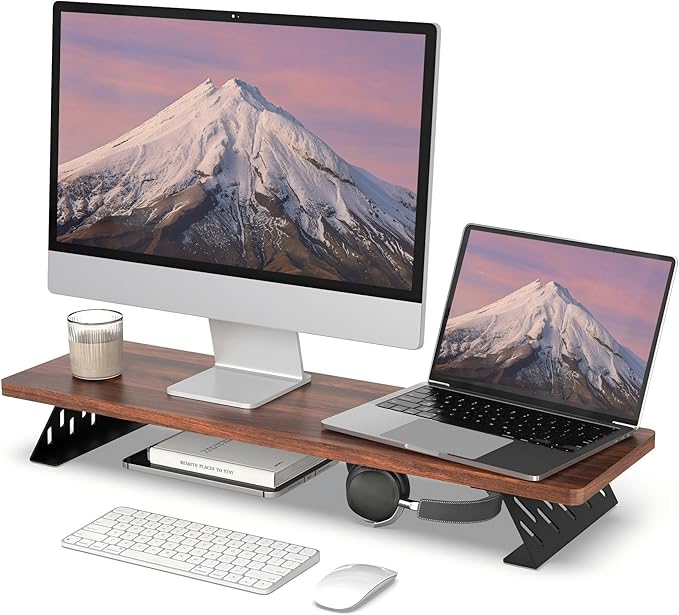 Fenge Monitor Stand Riser, Desk Top Shelf for 2 Monitors, Computer Stands for Desk, Wood & Steel Desktop Riser for Laptop, PC, Printer