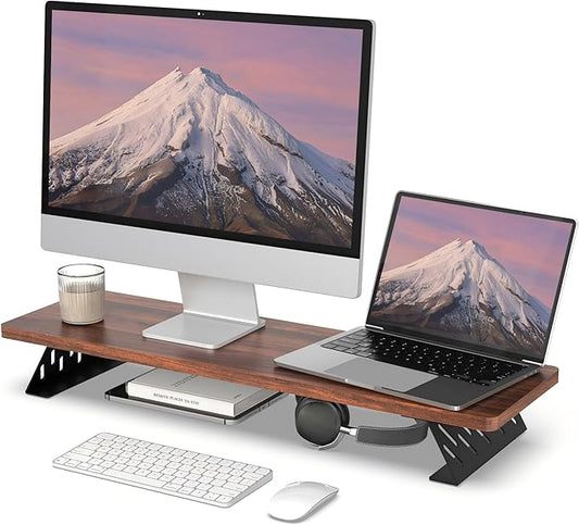 Fenge Monitor Stand Riser, Desk Top Shelf for 2 Monitors, Computer Stands for Desk, Wood & Steel Desktop Riser for Laptop, PC, Printer