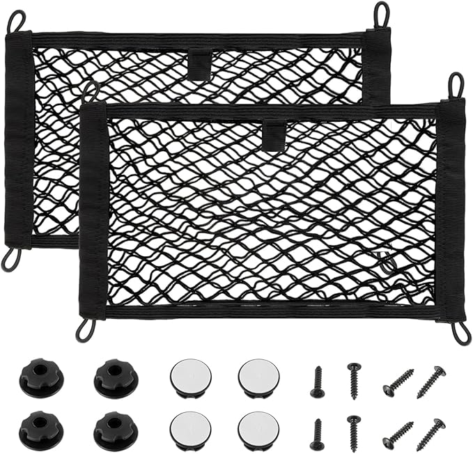 17.7'' x 9.8'' Universal Elastic Cargo Net Pocket with Screws & Hooks for Trunk RV Boats Home Cargo Storage – Keeps Items Secure & Organized(2 Pack)