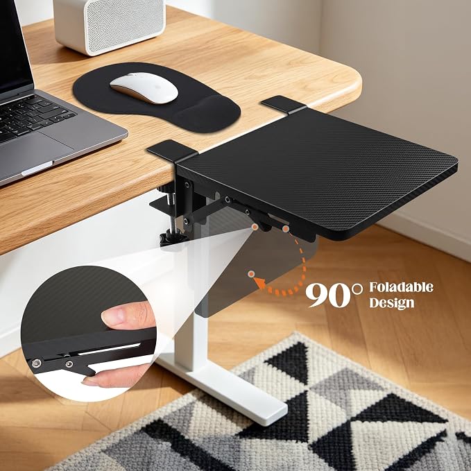 Ergonomics Foldable Desk Extender Tray with a Mouse Pad, 9"x9" Elbow Arm Rest with Clamp On Desktop Mount, 90° Foldable Armrest Support for Home and Office Use, Black