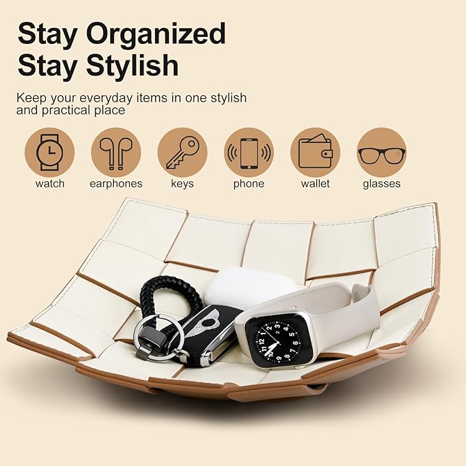 Valet Tray PU Leather Key Bowl for Men Women Entryway Table Nightstand Catchall EDC Dump Tray for Wallet, Keys, Jewelry Men's Gift - Coffee & White, 9.8" L x 9.8" W x 2" H