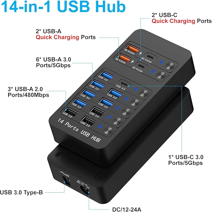 Powered USB Hub, 14 Ports USB Splitter with Individual Power On/Off Switches, 60W Power Adapter for Mac, PC, and More