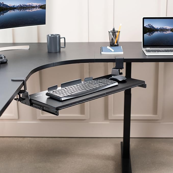 VIVO Large Pull Out Keyboard Tray for Corner Desk, 27 (33 Including Clamps) x 11 inch Slide-Out Platform Computer Drawer, 90-Degree Swivel C-Clamps for L-Shaped Workstation, Black, MOUNT-KB10C