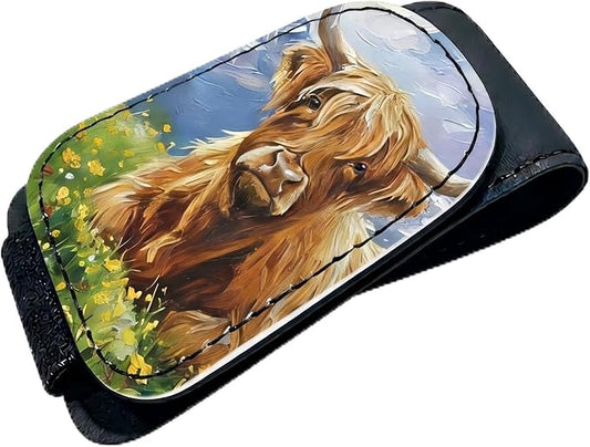 Highland Cow Car Sunglasses Holder Magnetic Leather Glasses Clip For Car Sun Visor Fluffy Cow Cars Accessories Eyeglass Hanger Organizer Universal Visor Clip For Women And Men Gifts Decor