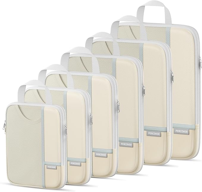 Percover Compression Packing Cubes 6-Piece Set, Packing Cubes Compression for Travel with Multi-Size Organization, Travel Organizer for Carry On & Checked Luggage, Beige