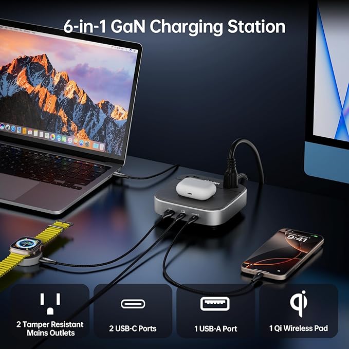 GaN Multi Charging Station 67W, 6 in 1 iPhone Charging Station with USB Ports, Wireless Charging, 2× AC Outlets, Desktop/Bedside/Nightstand Power Station, Hotel-Grade Design, Grey